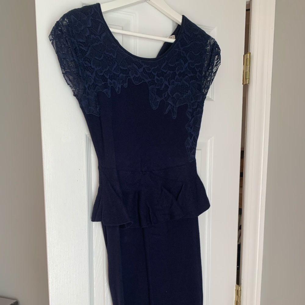 Navy blue midi sweater dress with lace detail